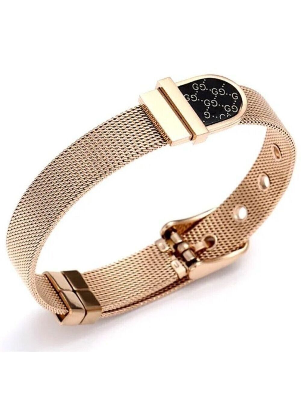 18k Rose Gold Plated Stainless Steel Luxury GG Style Mesh Belt Bangle Bracelet
